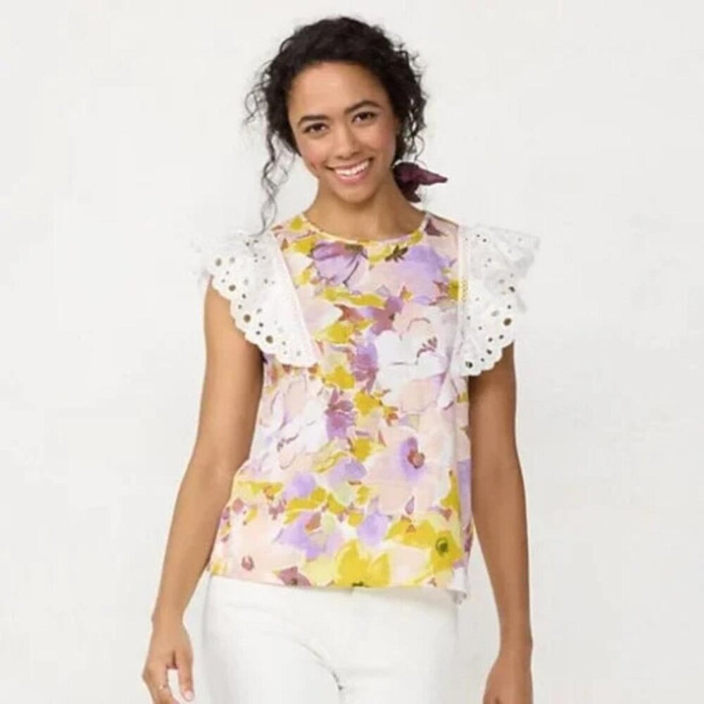 Lauren Conrad Purple White Yellow Lace Ruffle Floral Sleeveless Top Shirt Sz 3X
